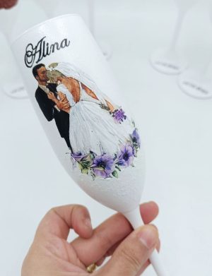 Pahare nuntă pentru miri și 2 perechi nași, model personalizat – FEIS507002