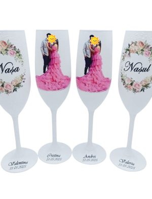 Pahare nuntă pentru miri și nași, model personalizat cu fotografie miri – FEIS507001