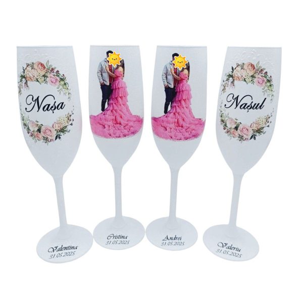 Pahare nuntă pentru miri și nași, model personalizat cu fotografie miri - FEIS507001
