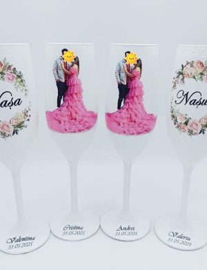 Pahare nuntă pentru miri și nași, model personalizat cu fotografie miri – FEIS507001