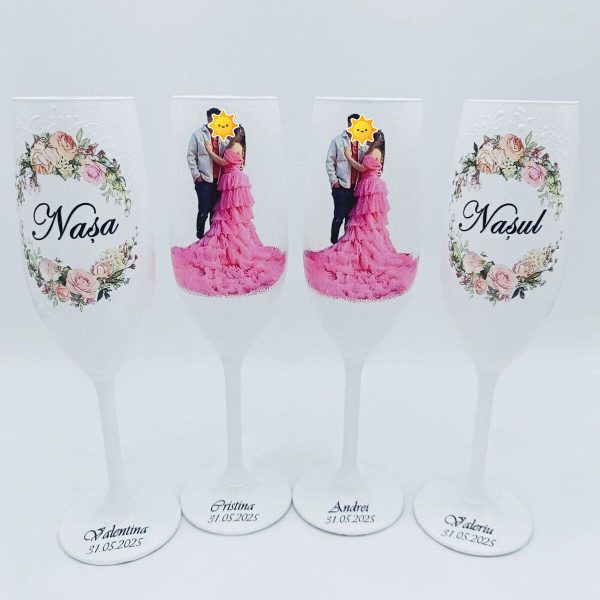 Pahare nuntă pentru miri și nași, model personalizat cu fotografie miri - FEIS507001 - imagine 2