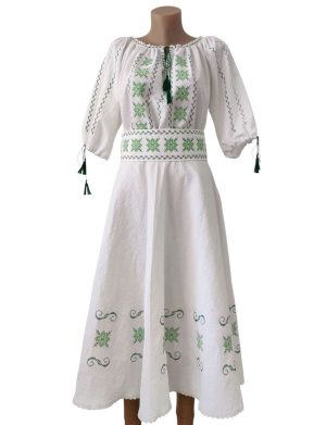 Rochie damă din pânză topită, bumbac 100% de calitate superioară, brodată verde - LLDJ507003