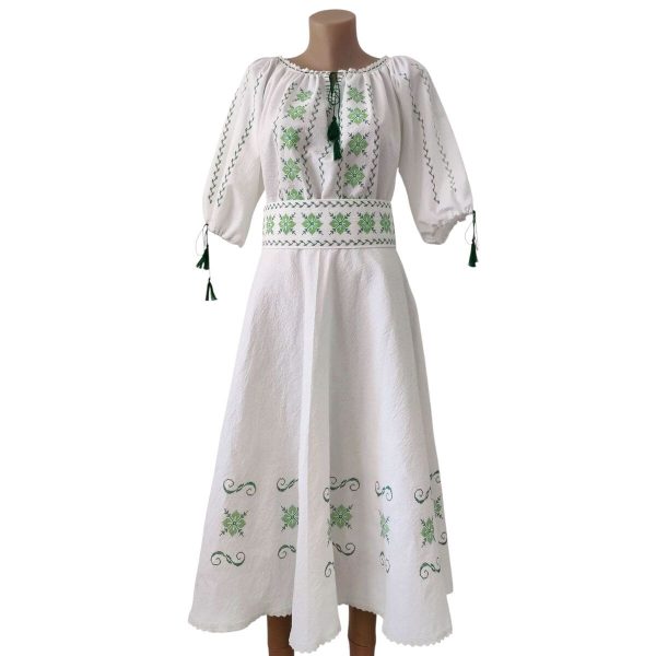 Rochie damă din pânză topită, bumbac 100% de calitate superioară, brodată verde - LLDJ507003