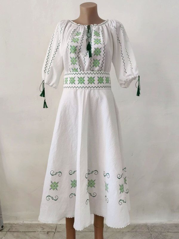 Rochie damă din pânză topită, bumbac 100% de calitate superioară, brodată verde - LLDJ507003 - imagine 8