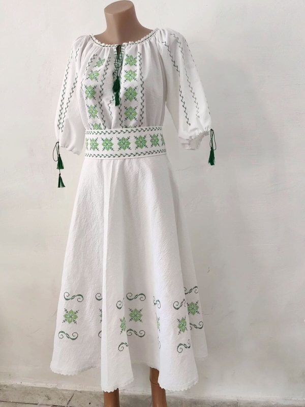 Rochie damă din pânză topită, bumbac 100% de calitate superioară, brodată verde - LLDJ507003 - imagine 7
