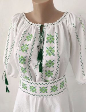 Rochie damă din pânză topită, bumbac 100% de calitate superioară, brodată verde – LLDJ507003
