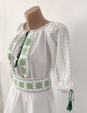 Rochie damă din pânză topită, bumbac 100% de calitate superioară, brodată verde – LLDJ507003