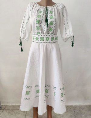 Rochie damă din pânză topită, bumbac 100% de calitate superioară, brodată verde – LLDJ507003