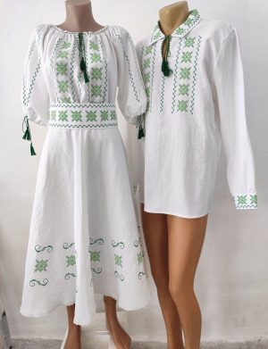 Rochie damă și ie bărbătească brodate tradițional cu verde, set damă – bărbat – LLDJ507004