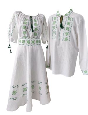 Rochie damă și ie bărbătească brodate tradițional cu verde, set damă - bărbat - LLDJ507004
