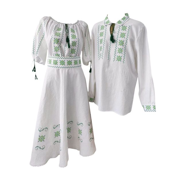 Rochie damă și ie bărbătească brodate tradițional cu verde, set damă - bărbat - LLDJ507004
