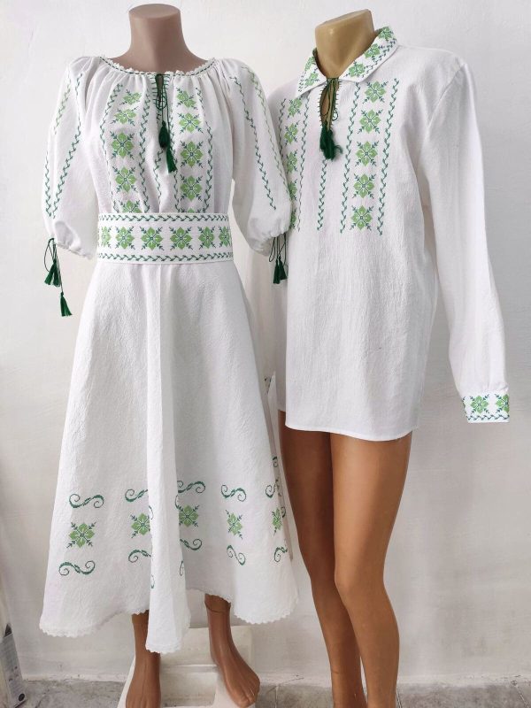 Rochie damă și ie bărbătească brodate tradițional cu verde, set damă - bărbat - LLDJ507004 - imagine 5