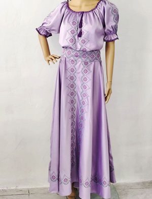Rochie lungă de damă din tafta lila, brodată tradițional – LLDJ507001