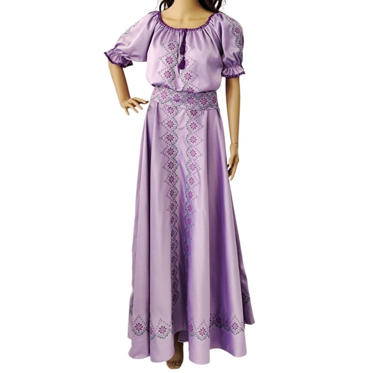 Rochie lunga de dama din tafta lila brodata traditional LLDJ507001 1