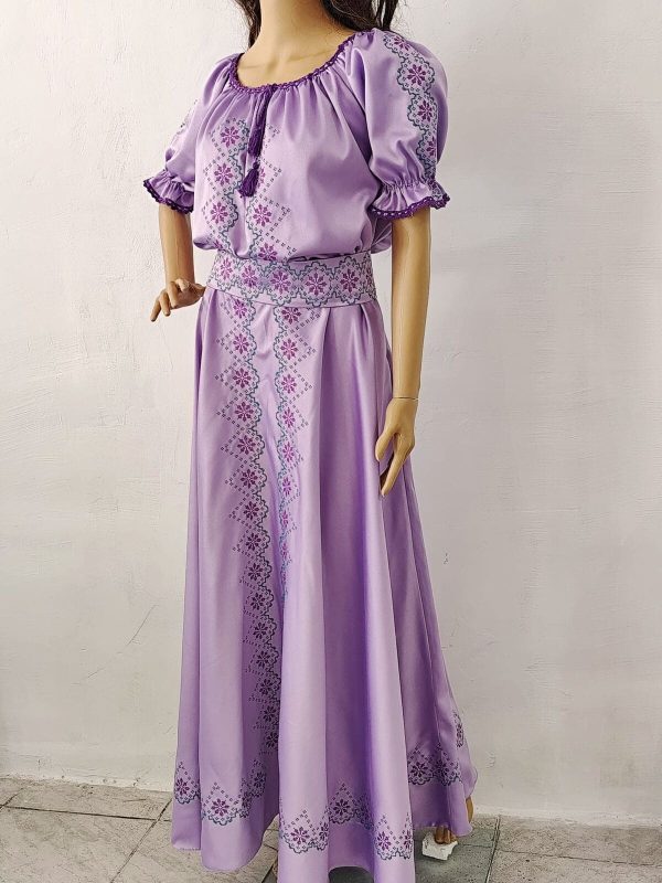 Rochie lungă de damă din tafta lila, brodată tradițional - LLDJ507001 - imagine 3