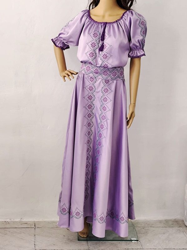 Rochie lungă de damă din tafta lila, brodată tradițional - LLDJ507001 - imagine 5