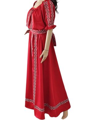 Rochie lungă de damă din tafta roșie, brodată tradițional - LLDJ507002