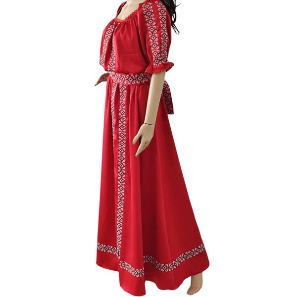 Rochie lungă de damă din tafta roșie, brodată tradițional - LLDJ507002
