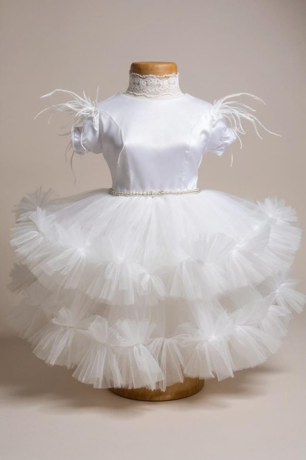 Rochiță botez fetiță cu bentiță - culoare alb cu tulle - ILIF507051 - imagine 4