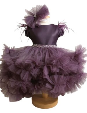 Rochiță botez fetiță cu bentiță – culoare mov închis cu tulle – ILIF507052