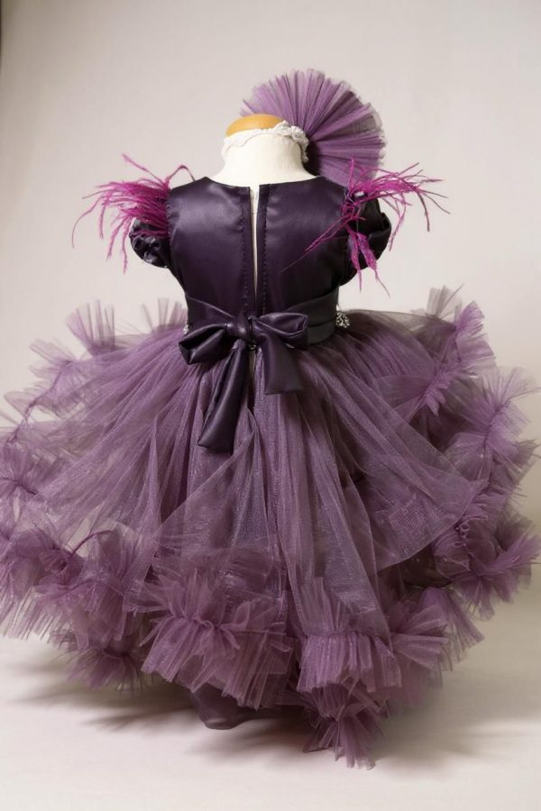 Rochiță botez fetiță cu bentiță - culoare mov închis cu tulle - ILIF507052 - imagine 3