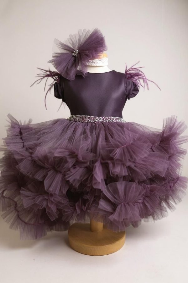 Rochiță botez fetiță cu bentiță - culoare mov închis cu tulle - ILIF507052 - imagine 2