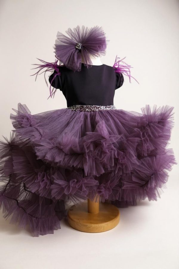 Rochiță botez fetiță cu bentiță - culoare mov închis cu tulle - ILIF507052 - imagine 4