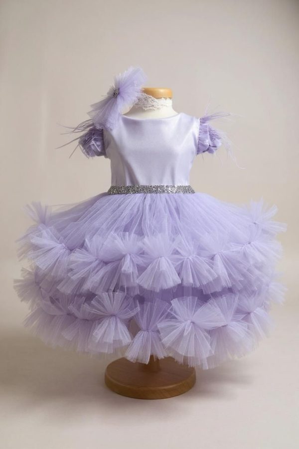 Rochiță botez fetiță cu bentiță - culoare mov lila cu tulle - ILIF507055 - imagine 2