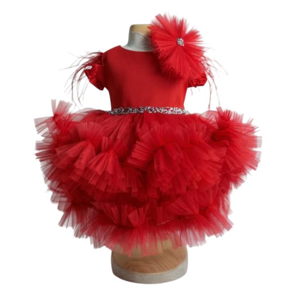 Rochiță botez fetiță cu bentiță - culoare roșu cu tulle - ILIF507054