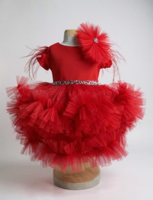 Rochiță botez fetiță cu bentiță – culoare roșu cu tulle – ILIF507054