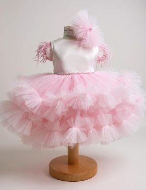 Rochiță botez fetiță cu bentiță – culoare roz cu tulle – ILIF507050