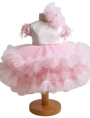 Rochiță botez fetiță cu bentiță – culoare roz cu tulle – ILIF507050