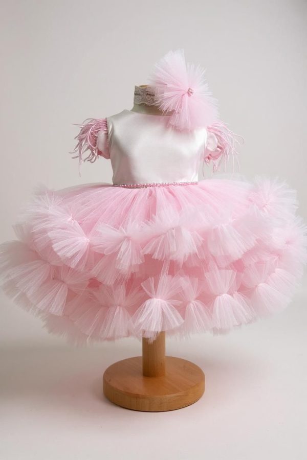 Rochiță botez fetiță cu bentiță - culoare roz cu tulle - ILIF507050 - imagine 2