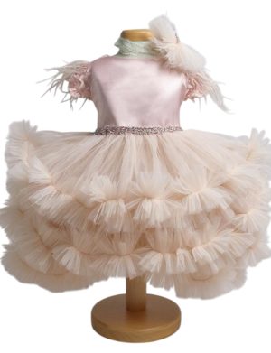Rochiță botez fetiță cu bentiță - culoare roz pudrat cu tulle - ILIF507053