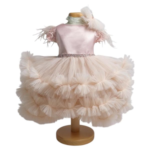 Rochiță botez fetiță cu bentiță - culoare roz pudrat cu tulle - ILIF507053