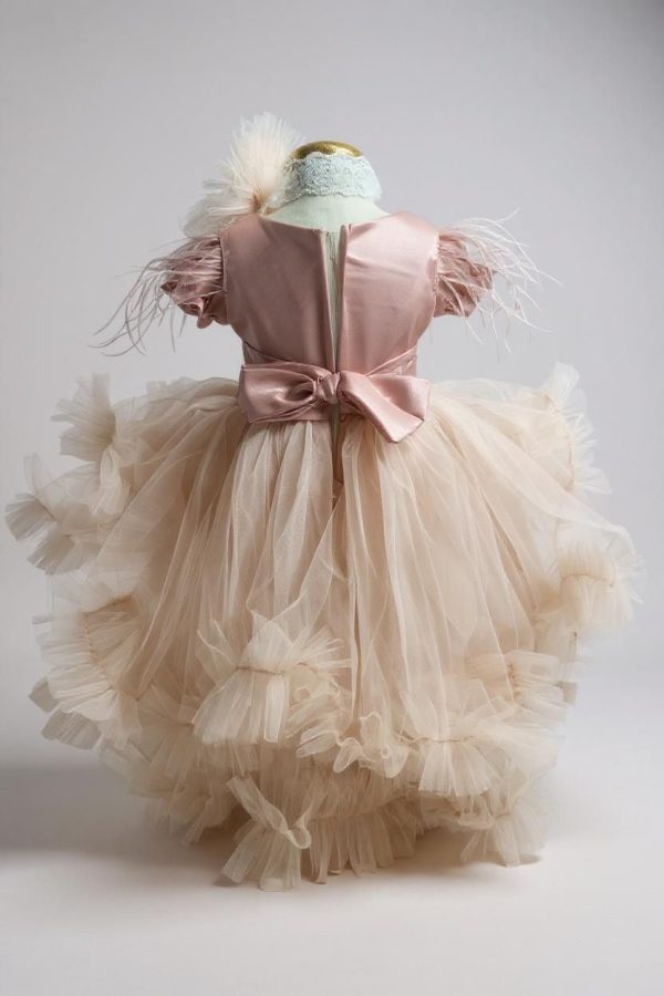 Rochiță botez fetiță cu bentiță - culoare roz pudrat cu tulle - ILIF507053 - imagine 4