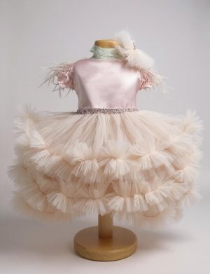 Rochiță botez fetiță cu bentiță – culoare roz pudrat cu tulle – ILIF507053