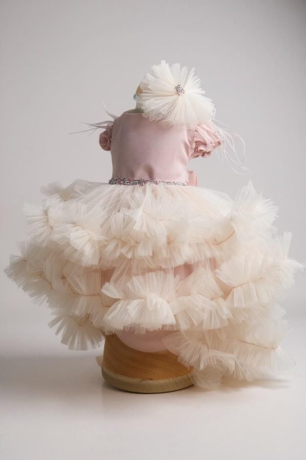 Rochiță botez fetiță cu bentiță - culoare roz pudrat cu tulle - ILIF507053 - imagine 2