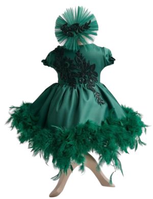 Rochiță botez fetiță cu bentiță - culoare verde smarald cu pene - ILIF508005