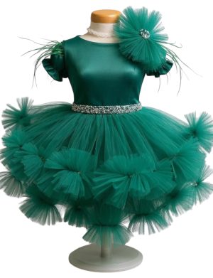 Rochiță botez fetiță cu bentiță - culoare verde smarald cu tulle - ILIF508001