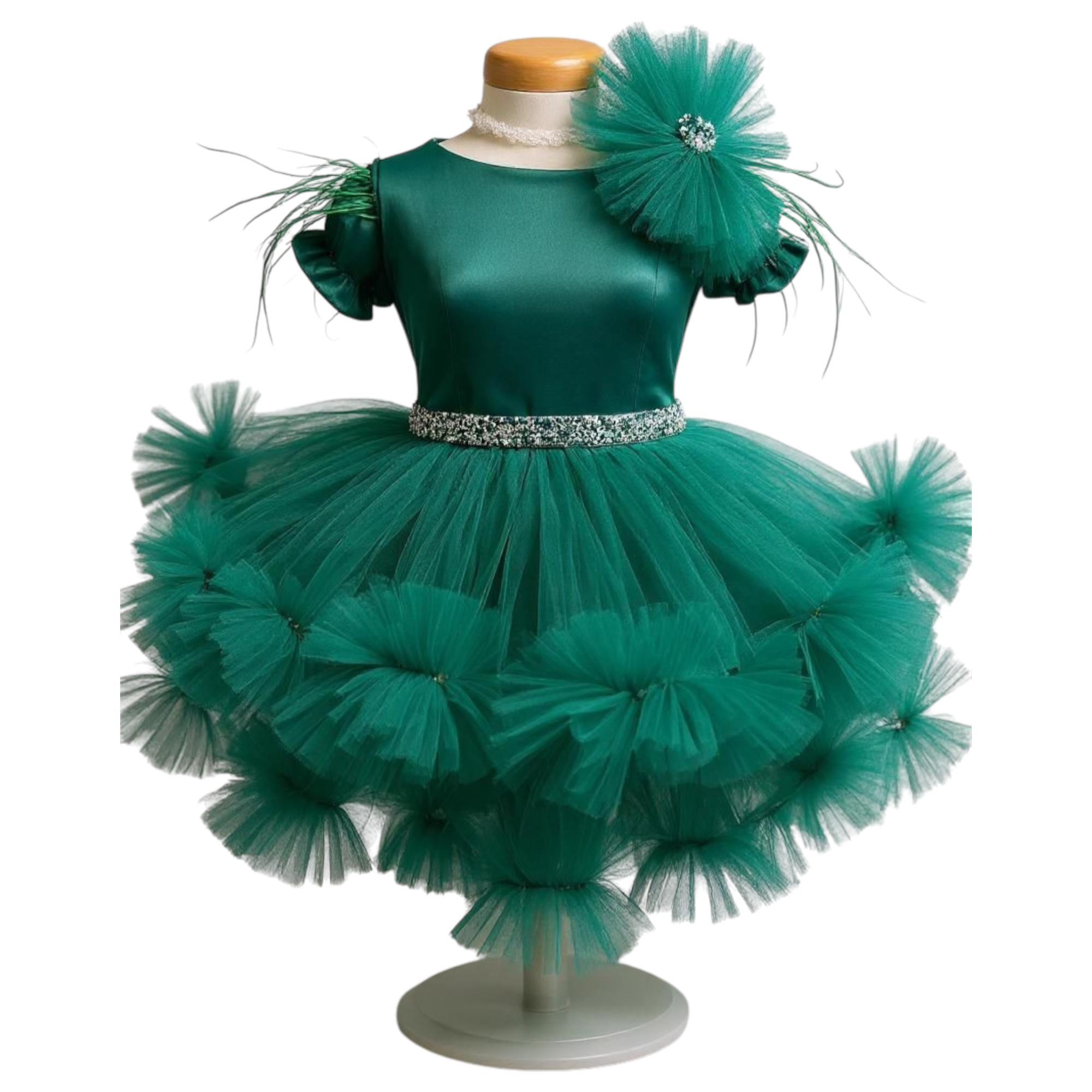 Rochita botez fetita cu bentita culoare verde smarald cu tulle ILIF508001 1