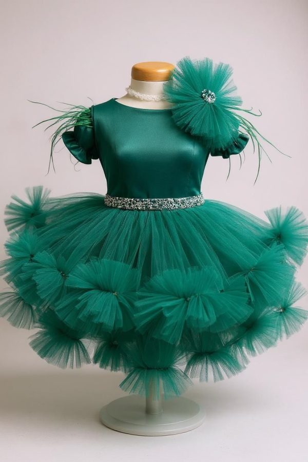 Rochiță botez fetiță cu bentiță - culoare verde smarald cu tulle - ILIF508001 - imagine 2