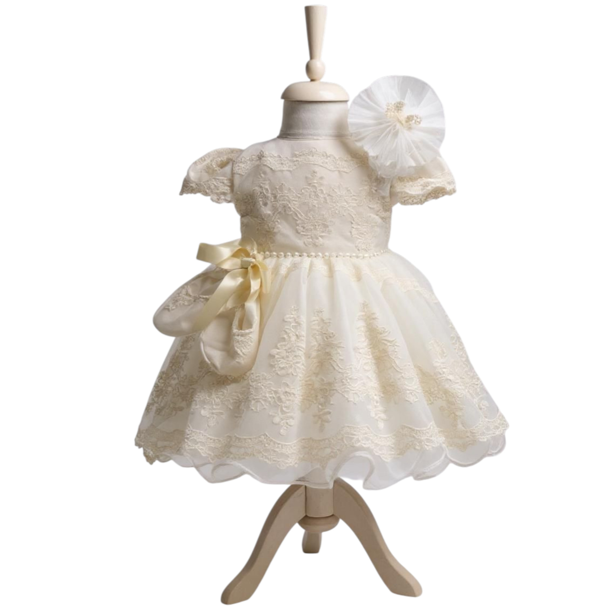 Rochita botez fetita cu dantela alb ivory cu bentita si botosei ILIF508006 1