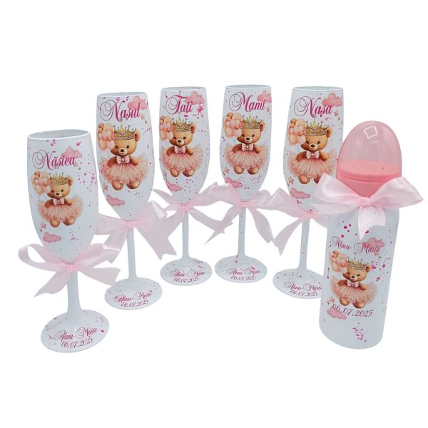 Set 6 pahare botez - Părinți, Nași, Copil & Biberon, model personalizat Prințesa Ursuleț - FEIS507004