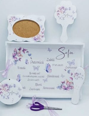 Set Tăviță Moț (turtă), Purple Butterflies, model personalizat cu 6 piese – FEIS507003