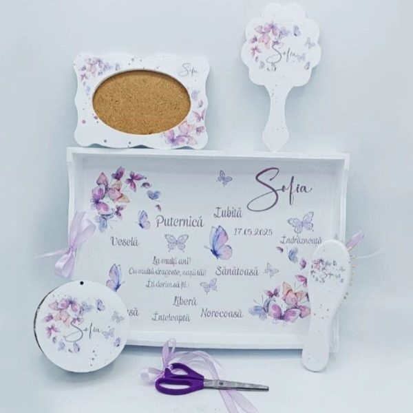 Set Tăviță Moț (turtă), Purple Butterflies, model personalizat cu 6 piese - FEIS507003 - imagine 2