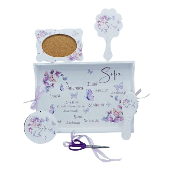 Set Tăviță Moț (turtă), Purple Butterflies, model personalizat cu 6 piese - FEIS507003
