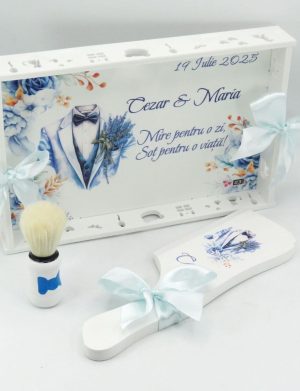 Set gătit mire, Flori albastre – Soț pentru o viață, model personalizat, 3 piese – ILIF507033