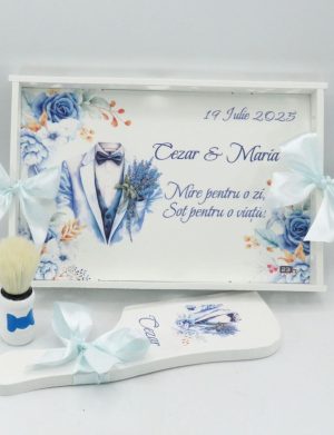 Set gătit mire, Flori albastre – Soț pentru o viață, model personalizat, 3 piese – ILIF507033