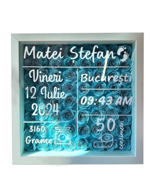 Shadow Box pentru nou-născut – personalizat cu flori din hârtie și detalii de la naștere - AMB507004